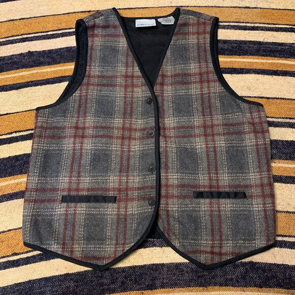 Y2K 90s Vintage Wool Vest Plaid Black Red Fashion Bug Preppy Academia Medium - Picture 1 of 4